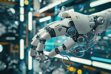Fototapeta premium A robot AI arm in motion, set against a sophisticated background of augmented reality elements and technological graphics. 