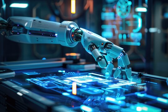 A robot AI arm in motion, set against a sophisticated background of augmented reality elements and technological graphics. 