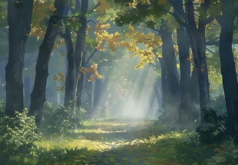Misty Forest Path in Ethereal Light, Chinese Landscape Style
