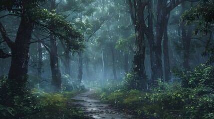 Fototapeta premium Misty Forest with Tall Trees and Narrow Path in the Rain