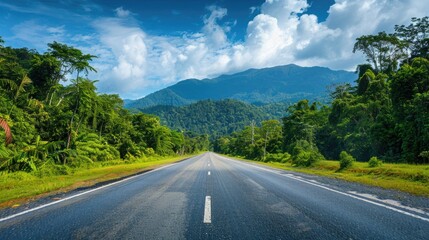 Fototapeta premium Asphalt road through a lush forest with distant mountains under a blue sky
