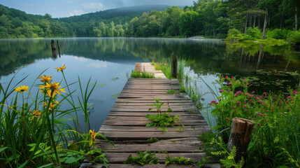 A wooden dock extending into the water of a river