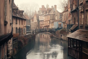 Fototapeta premium Charming European Canal with Scenic Bridges and Historic Buildings for Timeless Travel Posters