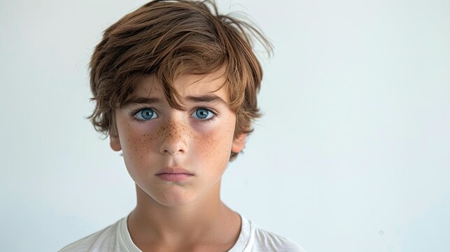 Kid with a sad expression, isolated white background, conveying emotion
