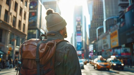 Obraz premium An optimistic traveler explores the bustling city streets with a sense of purpose and excitement, embracing the energy of the urban environment and projecting a dynamic and ambitious mood, with ample