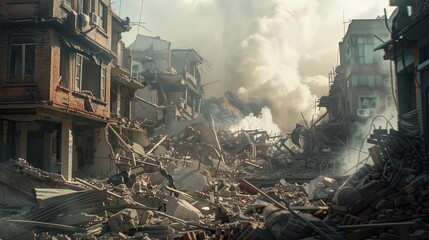 Earthquake destruction, highlighting the aftermath, dramatic visuals