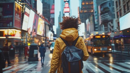 Obraz premium A happy traveler embraces the urban adventure, walking confidently through the vibrant city streets, their ambitious spirit evident in every step, with the dynamic backdrop offering plenty of room