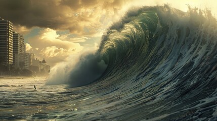 Tsunami wave crashing, showcasing nature's fury, powerful visuals
