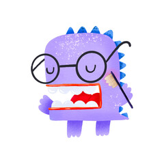 Violet cartoon monster with glasses clean teeth with toothbrush. Dental care illustration for kids. Baby sticker for oral health