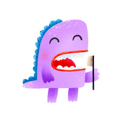 funny purple monster cleans the teeth with toothbrush. Dental care and stomatology. Childish cartoon sticker. White teeth
