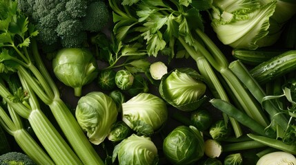 Close-up of assorted green veggies such as celery, onion, and Brussels sprouts, accented with fragrant bergamot