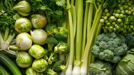 Close-up of assorted green veggies such as celery, onion, and Brussels sprouts, accented with fragrant bergamot