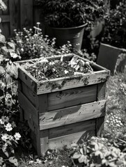 A photograph of a traditional flower box in black and white