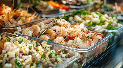 Close-up of seafood salads in a deli case, ready for purchase at a gourmet food store
