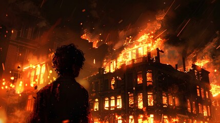 Fototapeta premium Person Standing in Front of a Burning Building at Night