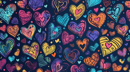 Colorful Hand-Drawn Hearts Pattern on Dark Blue Background