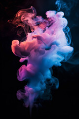 A colorful cloud of smoke with a blue and pink hue. The smoke is thick and billowing, creating a sense of movement and energy. The colors of the smoke contrast with the dark background