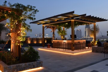 Fototapeta premium Chic Rooftop Bar with Solar Powered Lighting and Stunning City Skyline View for Evening Gatherings
