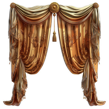 Luxury golden silk curtains with a beautiful pattern isolated on transparent background