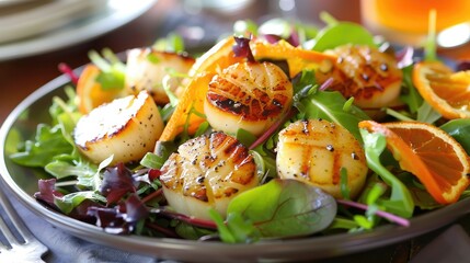 Gourmet seafood salad with grilled scallops, mixed greens, and a citrus vinaigrette dressing