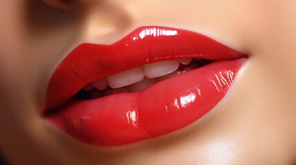 Fototapeta premium Close-up of glossy red lips with white teeth peeking through, capturing the essence of beauty and elegance.