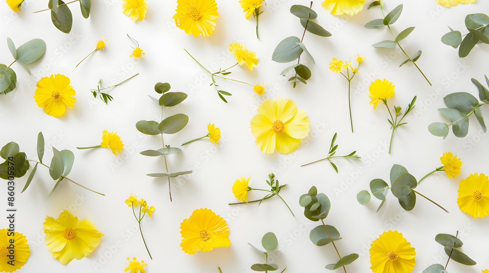 Poster flowers composition pattern made of yellow flowers and eucalyptus leaves on white background flat la