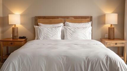 A serene bedroom with crisp white linens on a neatly made bed, polished nightstands, and a clutter-free environment.