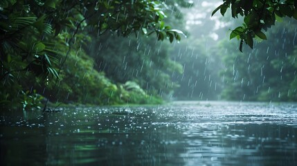 Fototapeta premium Serene Riverbank in Heavy Rainstorm with Lush Green Foliage