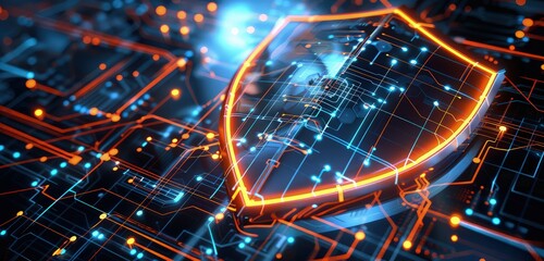 A sophisticated 3D rendering of a safety shield with a high-tech digital backdrop, featuring glowing circuits and sleek, modern design elements.
