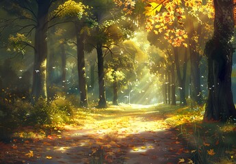 Serene Autumn Forest Path with Sunlit Clearing