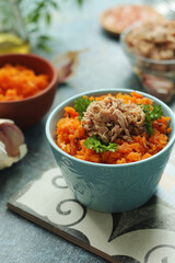 Houria, cooked carrot salad, a traditional dish of Tunisian cuisine	