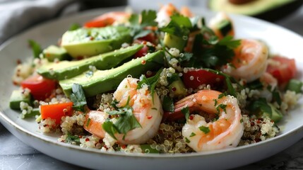 Hearty seafood salad with shrimp, quinoa, avocado, and fresh herbs, served on a white plate