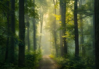 Fototapeta premium Serene Forest Path with Sunlit Trees and Misty Air