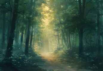 Obraz premium Serene Forest Path with Sunlit Leaves and Misty Air