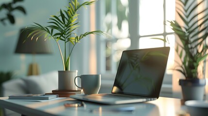 Fototapeta premium Serene Morning at Modern Home Office with Natural Light