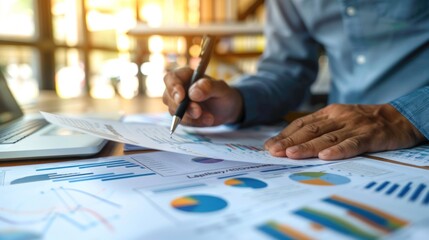 Fototapeta premium A businessman, accountant, or financial expert analyzes business report graphs and finance charts at a corporate office.