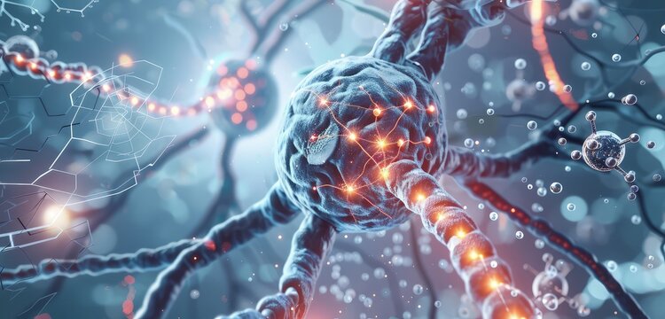A stunning 3D rendered image of a nerve cell with highlighted synapses, surrounded by abstract representations of biomedical research and molecular structures.