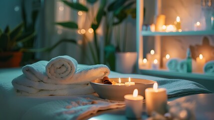 Serene Spa with Massage Table, Candles, and Essential Oils