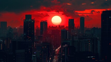 Fototapeta premium A red sun in the heart of the darkest city night.