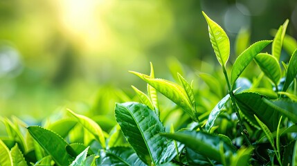 Macro view of delicate green tea leaves on a softly shaded green tea background