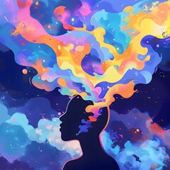 Silhouette of Person with Thought Bubble in Gradient Background