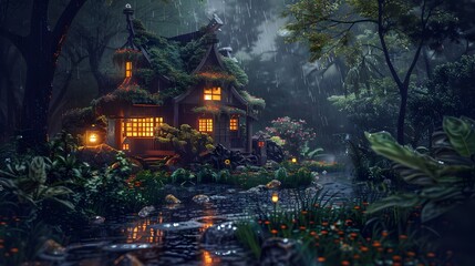 Cozy House with Glowing Lights in Rainy Garden