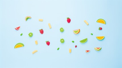 Colorful cut fruits floating on a pastel blue background, including strawberries, kiwis, and watermelons, creating a fresh, vibrant design.