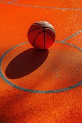 A basketball ball sits atop a basketball court, ideal for promotional or editorial use