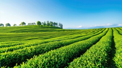 Naklejka premium Rows of green tea shoots under a clear blue sky