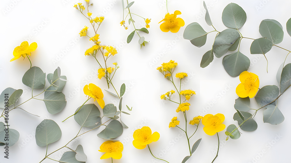 Poster flowers composition yellow flowers eucalyptus branches on white background spring concept flat lay t