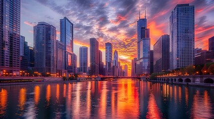 Obraz premium Stunning Urban Skyline at Sunset With Reflections