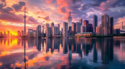 Fototapeta premium Stunning Urban Skyline at Sunset with Reflections