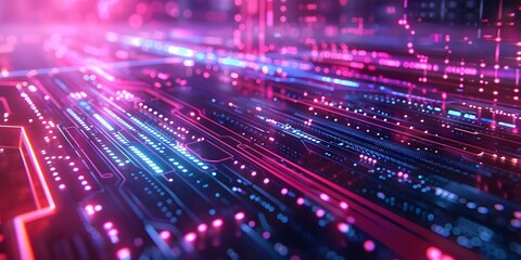 Neon lights and data transfer elements on a futuristic abstract background. Concept Futuristic Aesthetics, Neon Lights, Data Transfer, Abstract Background