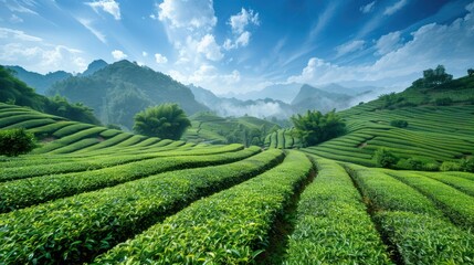 Naklejka premium Tea garden in Guangxi Province with rows of green plants and blue skies